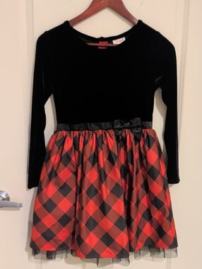 Cat & Jack Black Velvet Top with Red and Black Plaid Skirt Dress